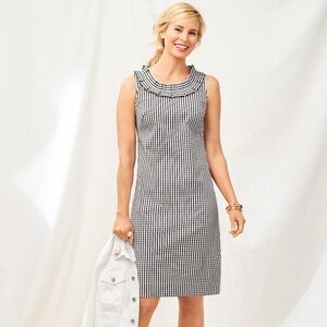 EUC Talbots Preppy Gingham Pleat Collar Shift Dress Black White size 14 Petite
